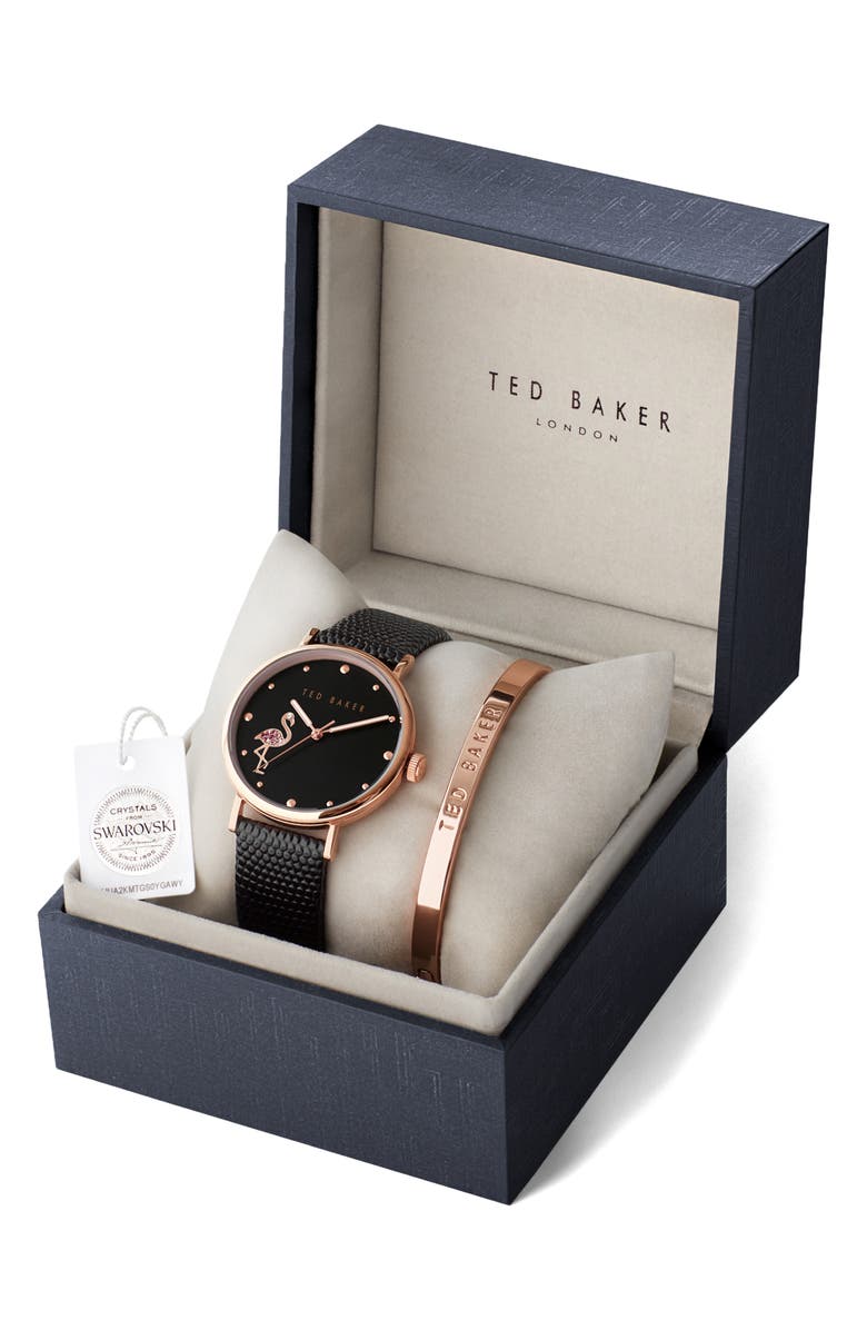 Ted Baker London Phylipa Crystal Flamingo Leather Strap Watch Gift Set, 37mm, Alternate, color,