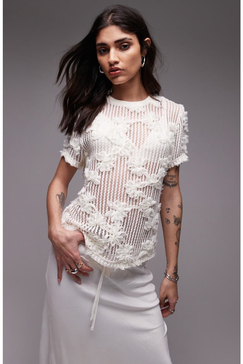 Floral Appliqué Sheer Open Stitch T-Shirt, Main, color, IVORY