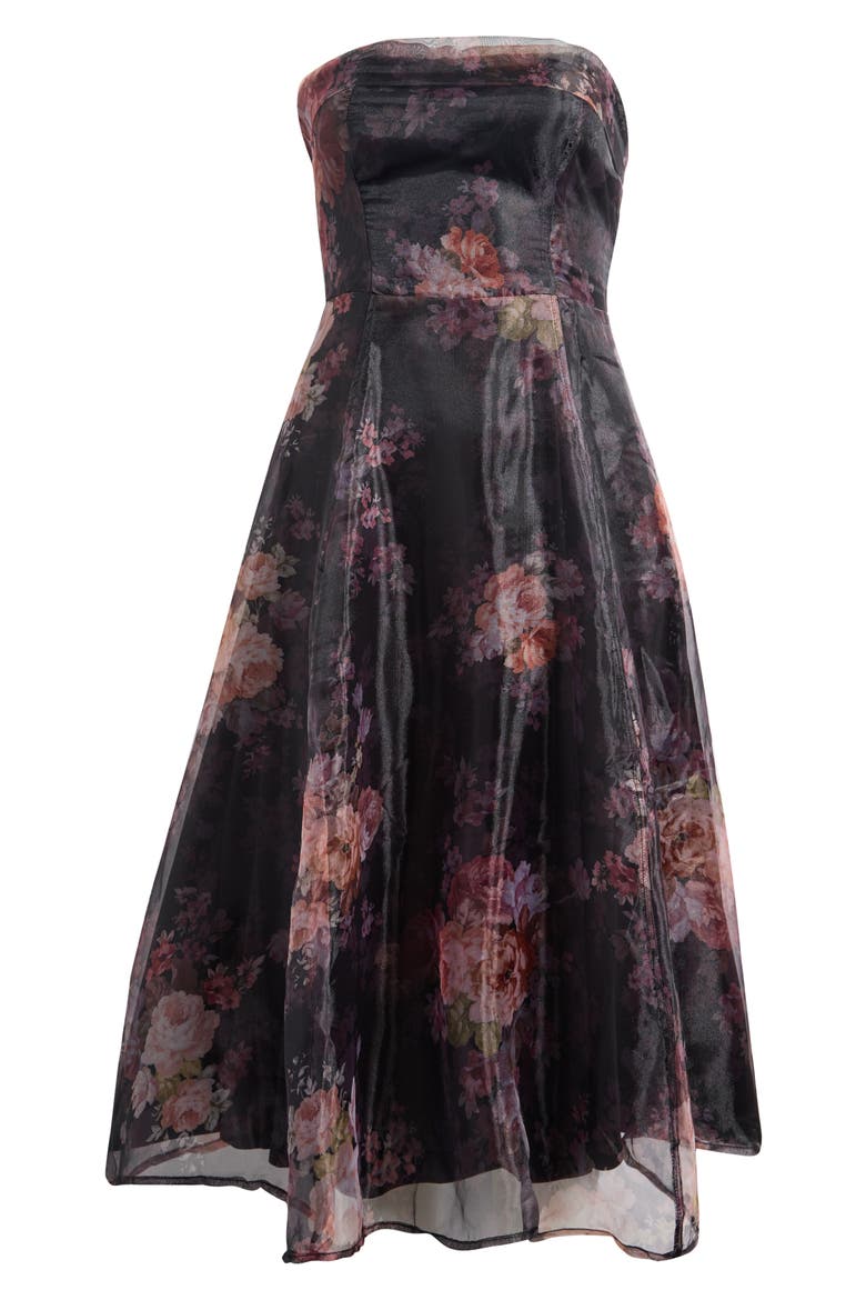 Elena Strapless Organza Midi Dress, Alternate, color, BLACK FLORAL