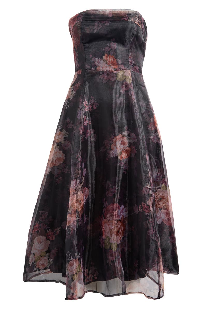 Lulus Elena Strapless Organza Midi Dress, Alternate, color, Black Floral