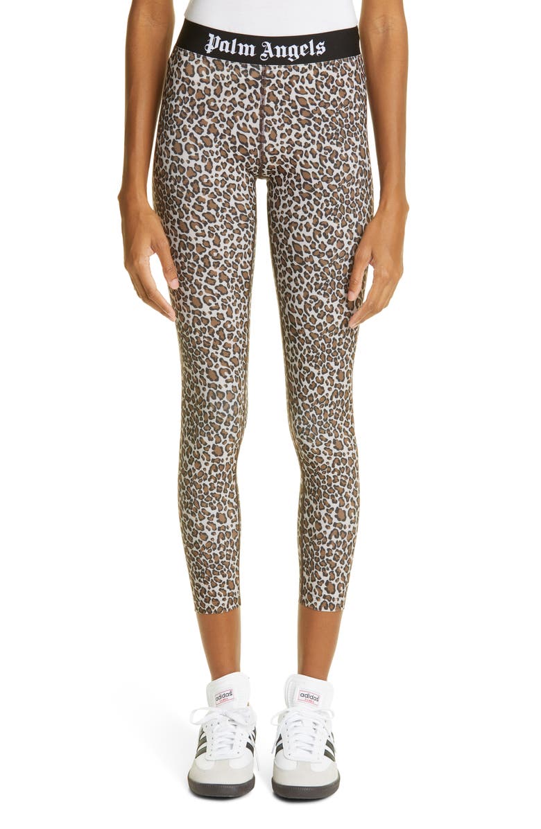 Palm Angels Leopard Logo Crop Leggings, Main, color, Brown White