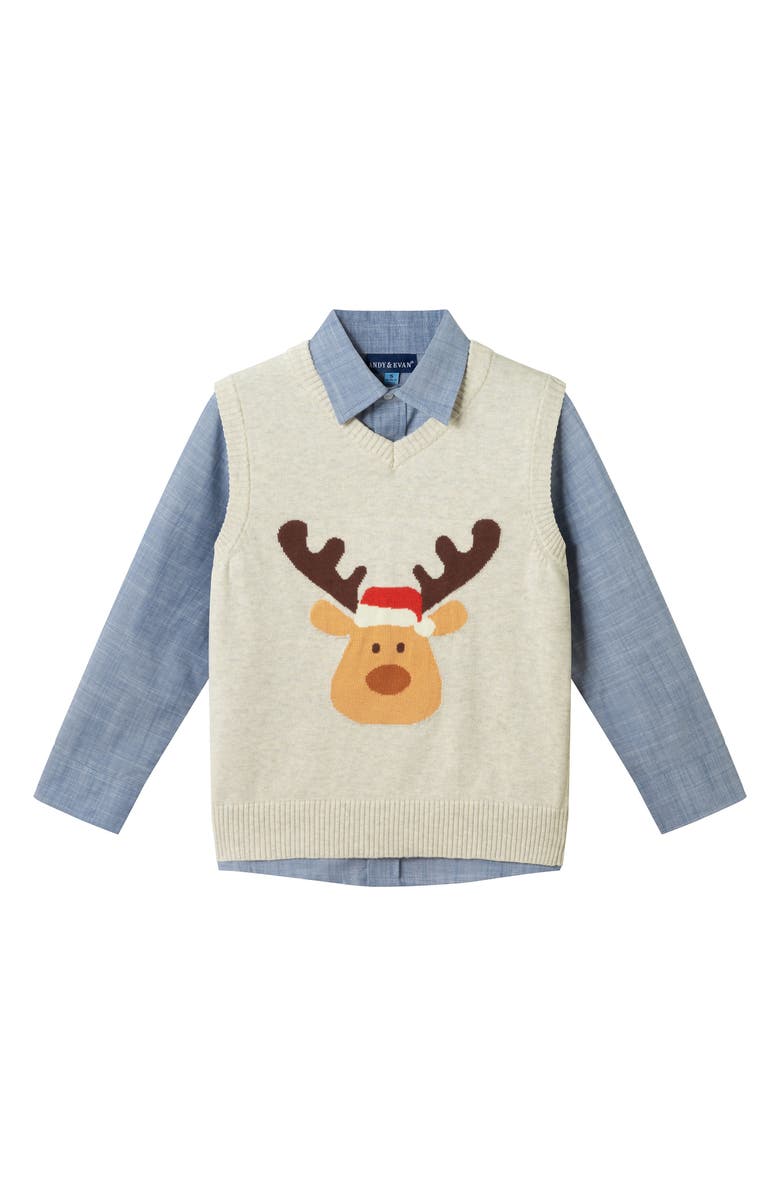 Andy & Evan Kids' Sweater Vest, Button-Up Shirt & Pull-On Joggers Set, Alternate, color, Beige Multi