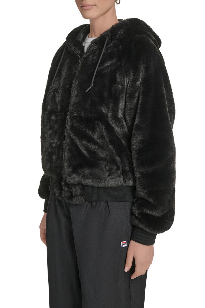 Faux Fur Bomber Hoodie, Alternate, color, BLACK
