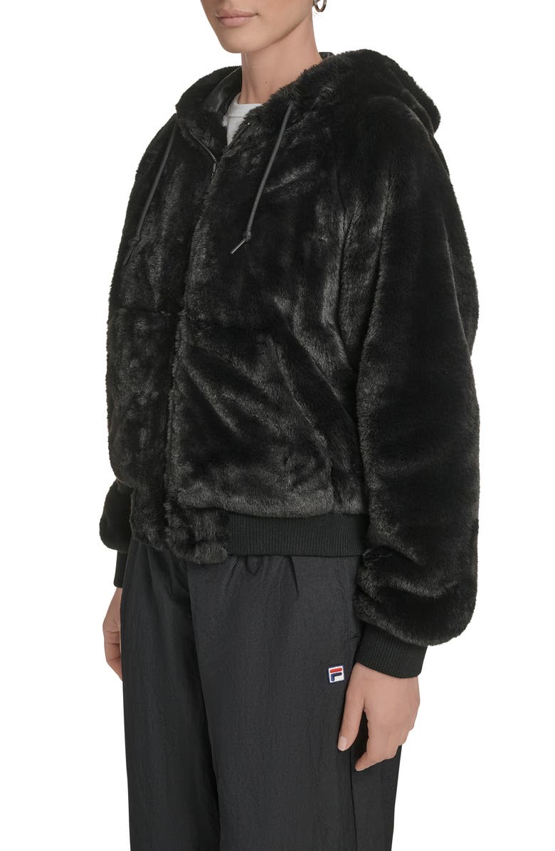 Champion Faux Fur Bomber Hoodie, Alternate, color, Black