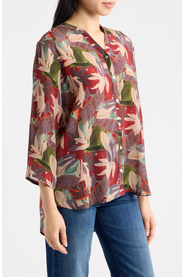 Mandarin Collar Button-Up Shirt, Alternate, color, CRIMSON/FOREST MUL