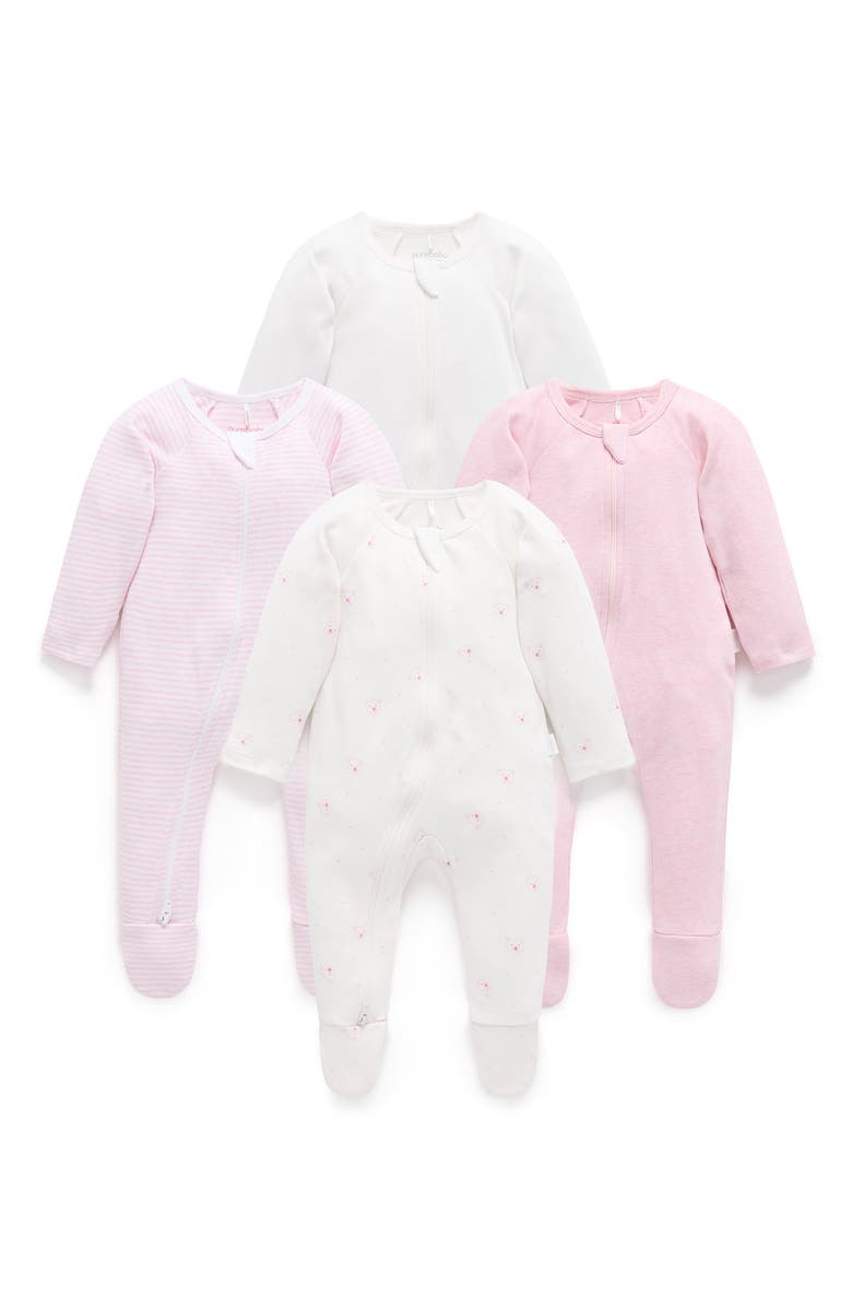 Purebaby 4 Pack Zip Footie Girls, Main, color, Pale Pink Bear Pack