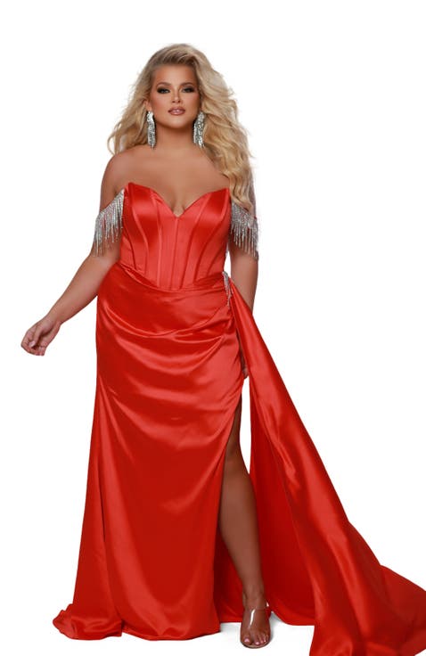 Plus Size Fringe Off the Shoulder Corset Satin Gown Over Skirt Slit