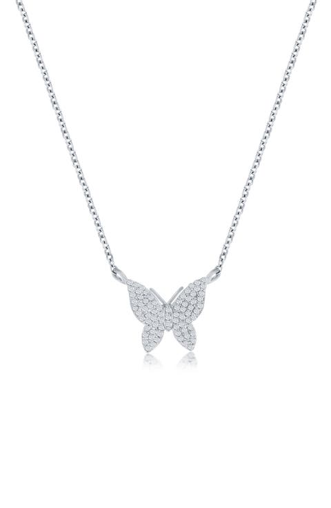 Sterling Silver Diamond Butterfly Pendant Necklace - 0.11ct.