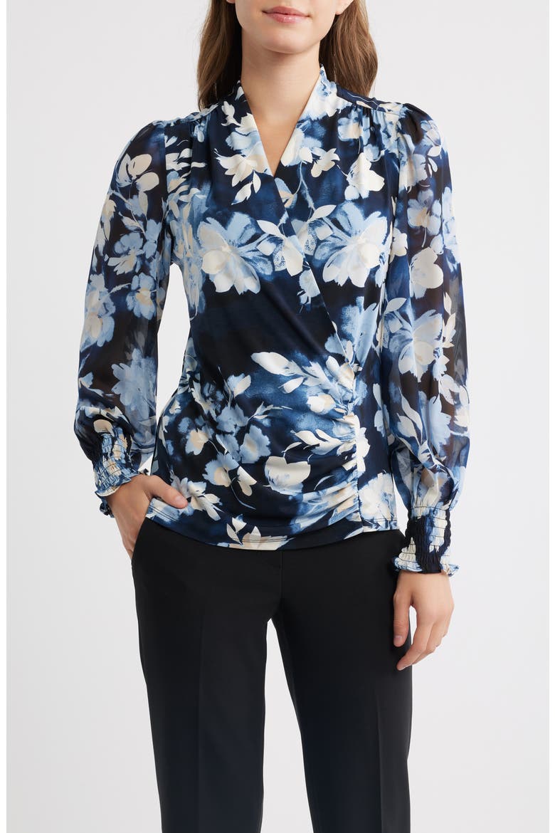 Floral Mix Media Faux Wrap Top, Main, color, DUTCH BLUE MULTI