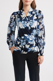 Anne Klein Floral Mix Media Faux Wrap Top