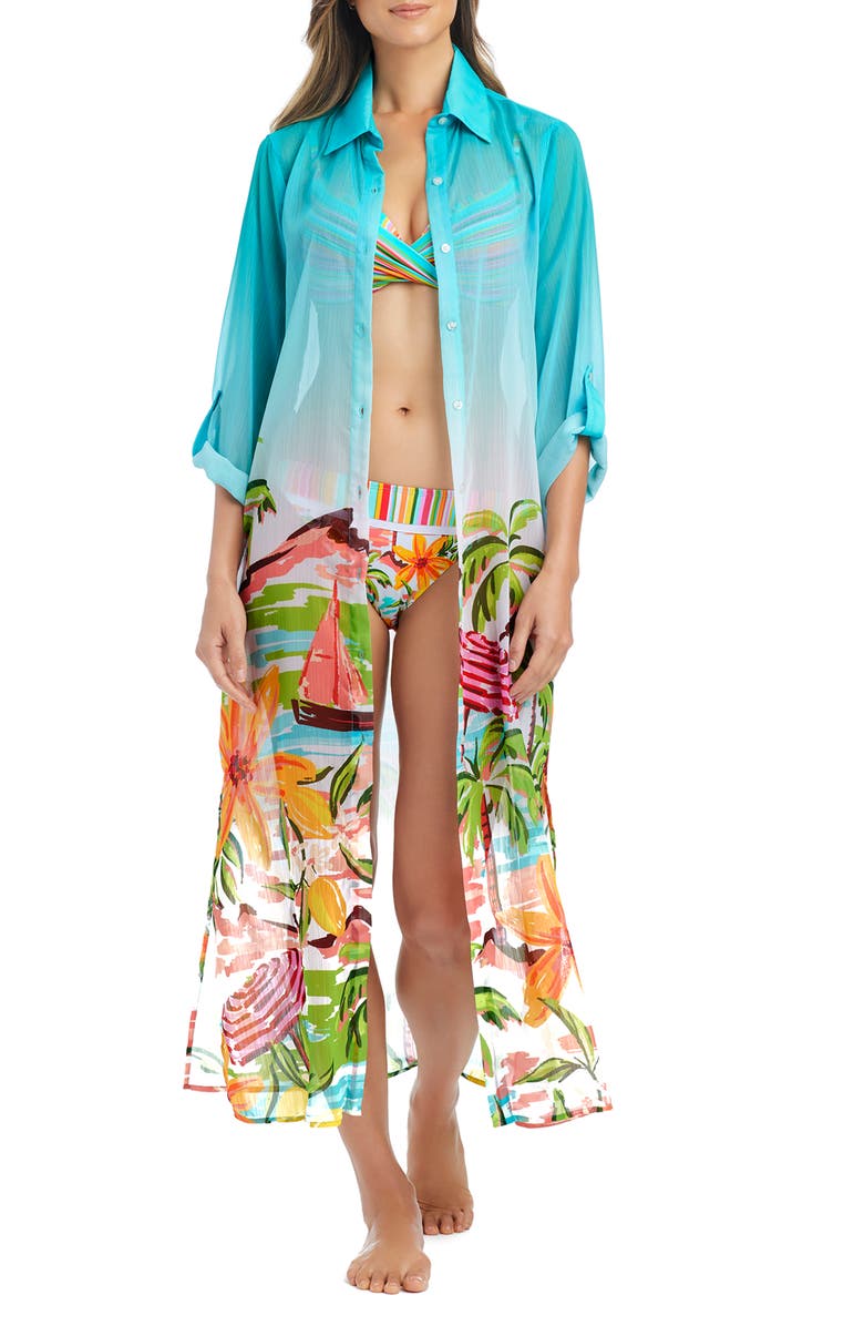 BLEU by Rod Beattie Long Sleeve Cover-Up Shirtdress, Main, color, Cool