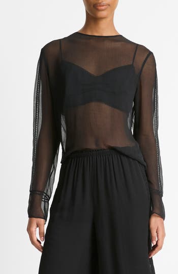 Vince Sheer Lace Trim Top In Black