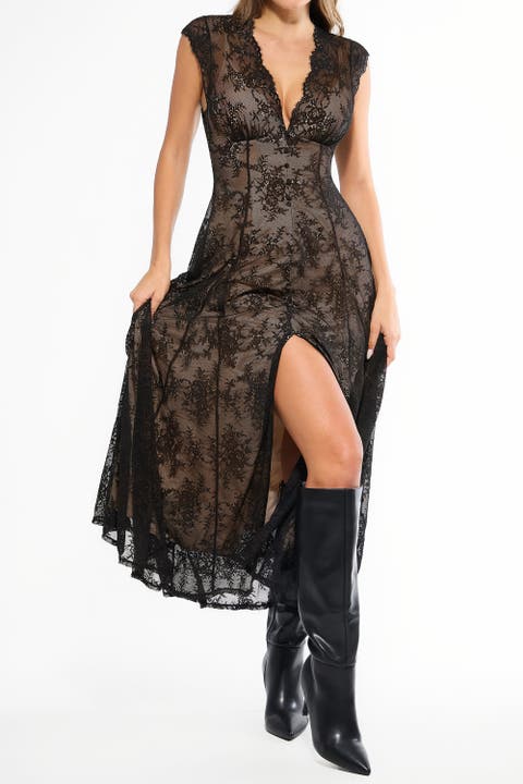 Shapewear Boho Floral Lace Front Slit Maxi Dress