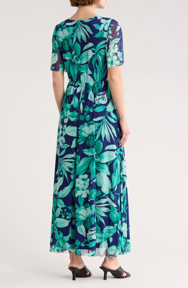 London Times Floral Smocked Flutter Sleeve Mesh Maxi Dress, Alternate, color, Navy/ Lake Green