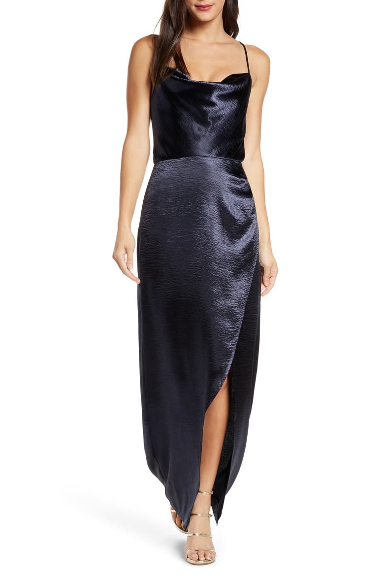 The Molly Cowl Neck Rumpled Satin Gown, Main, color, NAVY