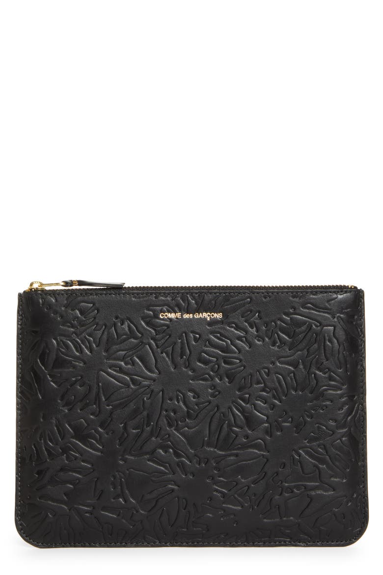 Large Forest Embossed Leather Zip Pouch, Main, color, BLACK