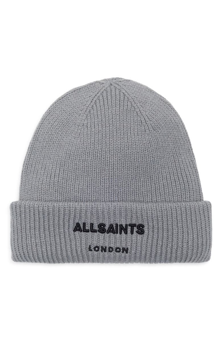 AllSaints Embroidered Logo Cuffed Beanie, Main, color, March Grey Marl