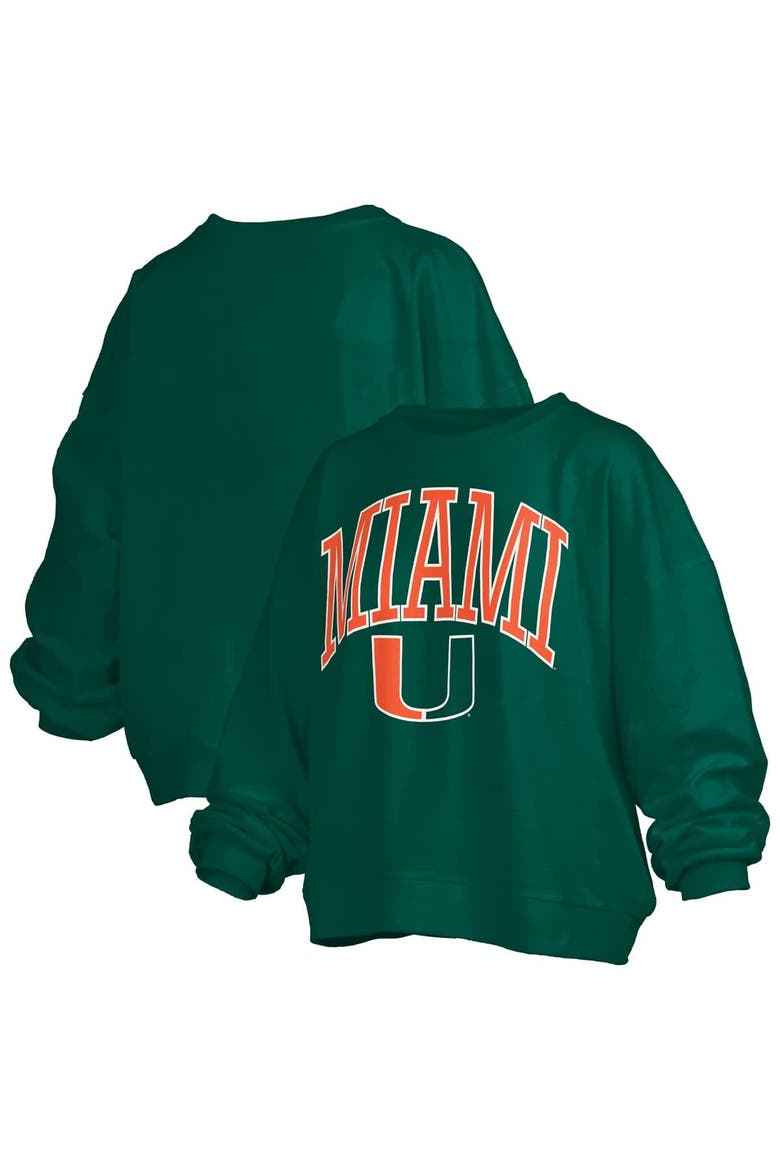Women's Pressbox Green Miami Hurricanes Janise Arch Over Logo Waist Length Oversized Pullover Sweatshirt, Main, color, Green