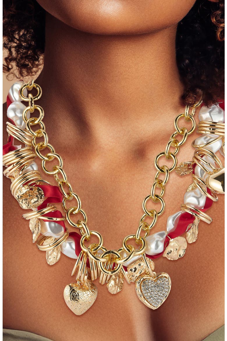 Double Layer Heart Charm Necklace, Alternate, color, GOLD