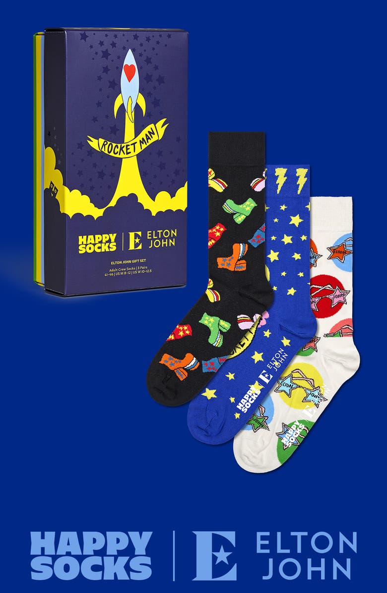 Happy Socks x Elton John Rocket Man Assorted 3-Pack Crew Socks, Alternate, color, Black Multi