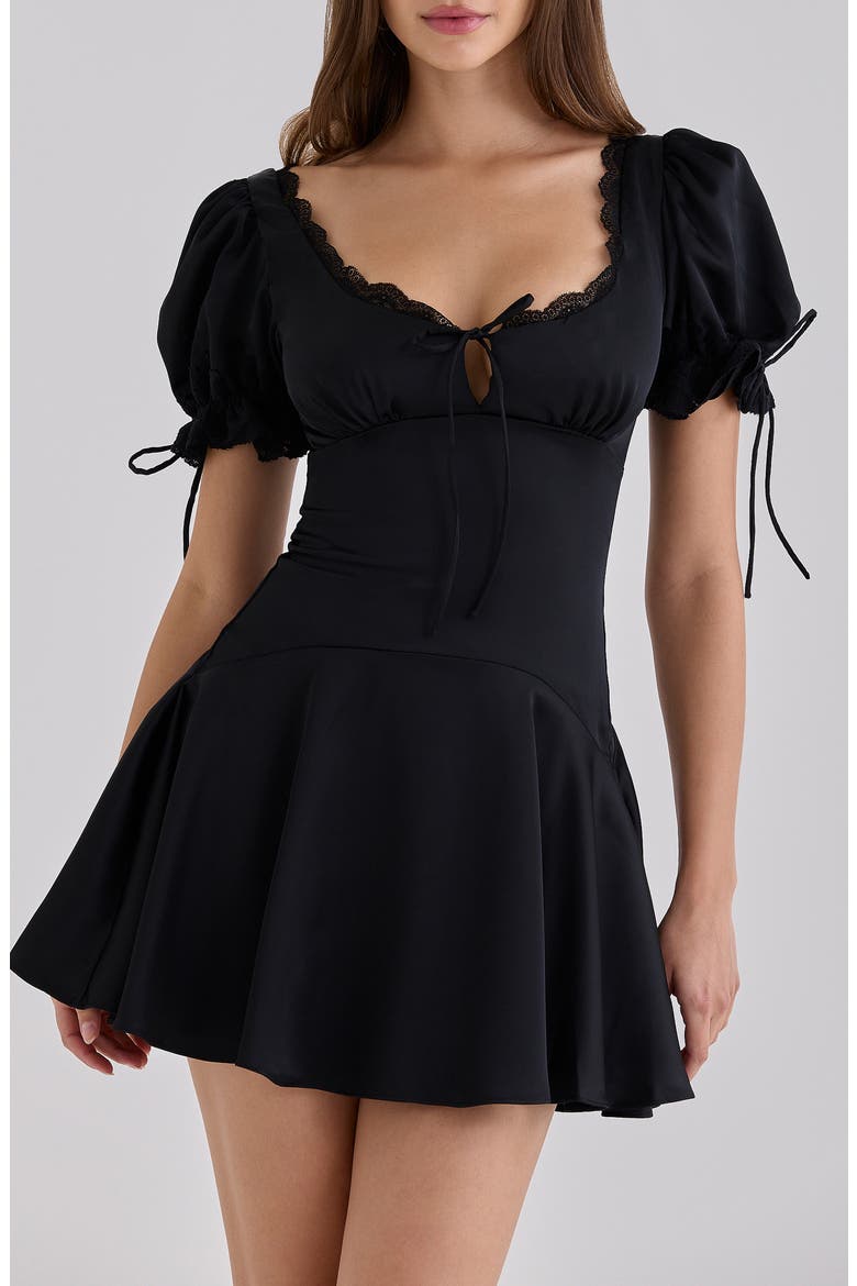 Elisabetta Satin Lace Trim Minidress, Alternate, color, BLACK
