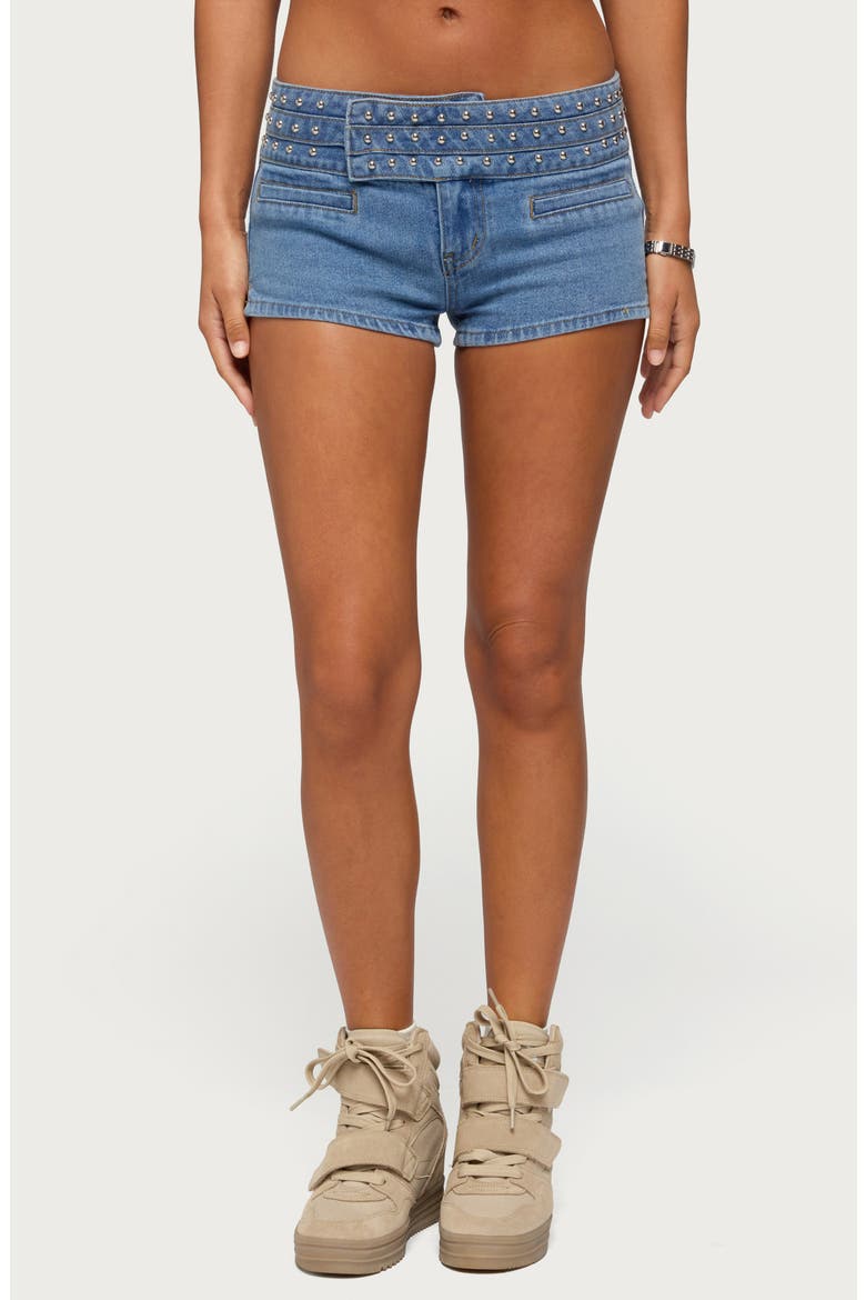 Odetta Studded Low Rise Denim Shorts, Main, color, LIGHT-BLUE