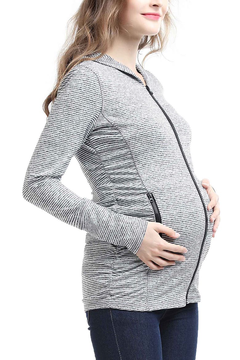 Haven Striped Side Ruched Maternity Performance Hoodie, Alternate, color, Black White