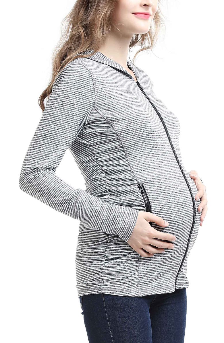 Kimi & Kai Haven Striped Side Ruched Maternity Performance Hoodie, Alternate, color, Black White