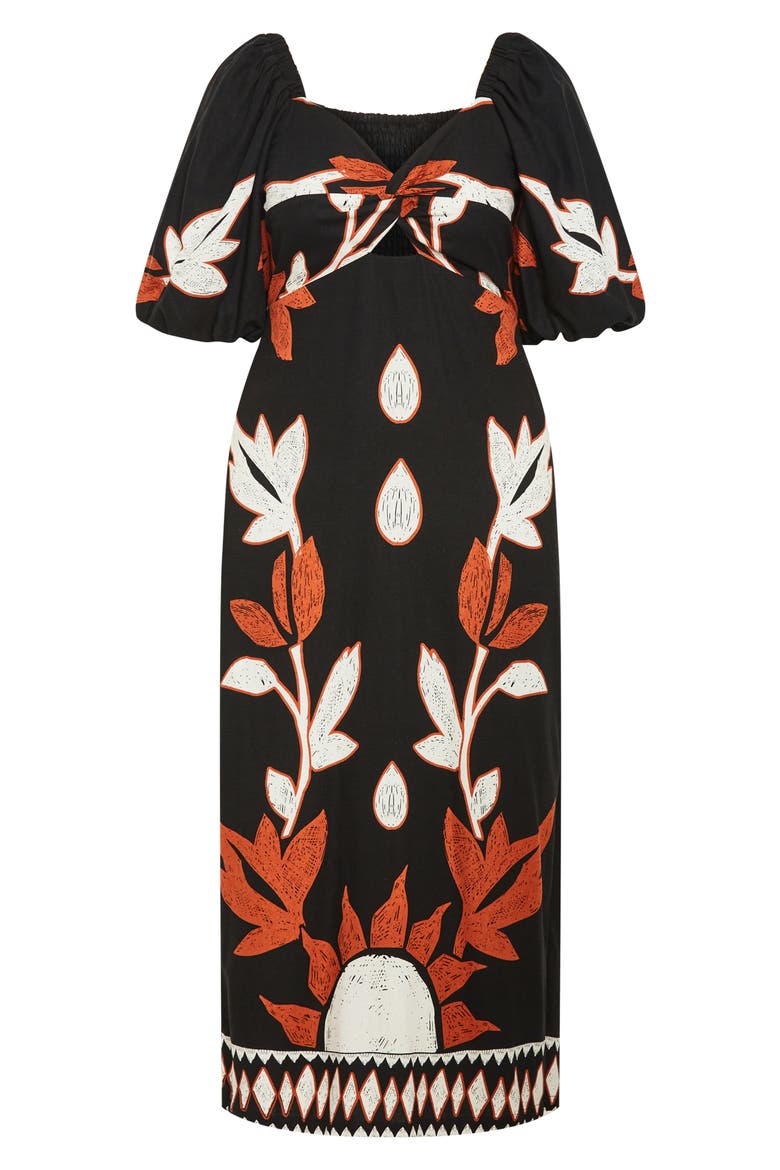 Botantical Print Twist Cutout Puff Sleeve Dress, Alternate, color, NALA PLACEMENT