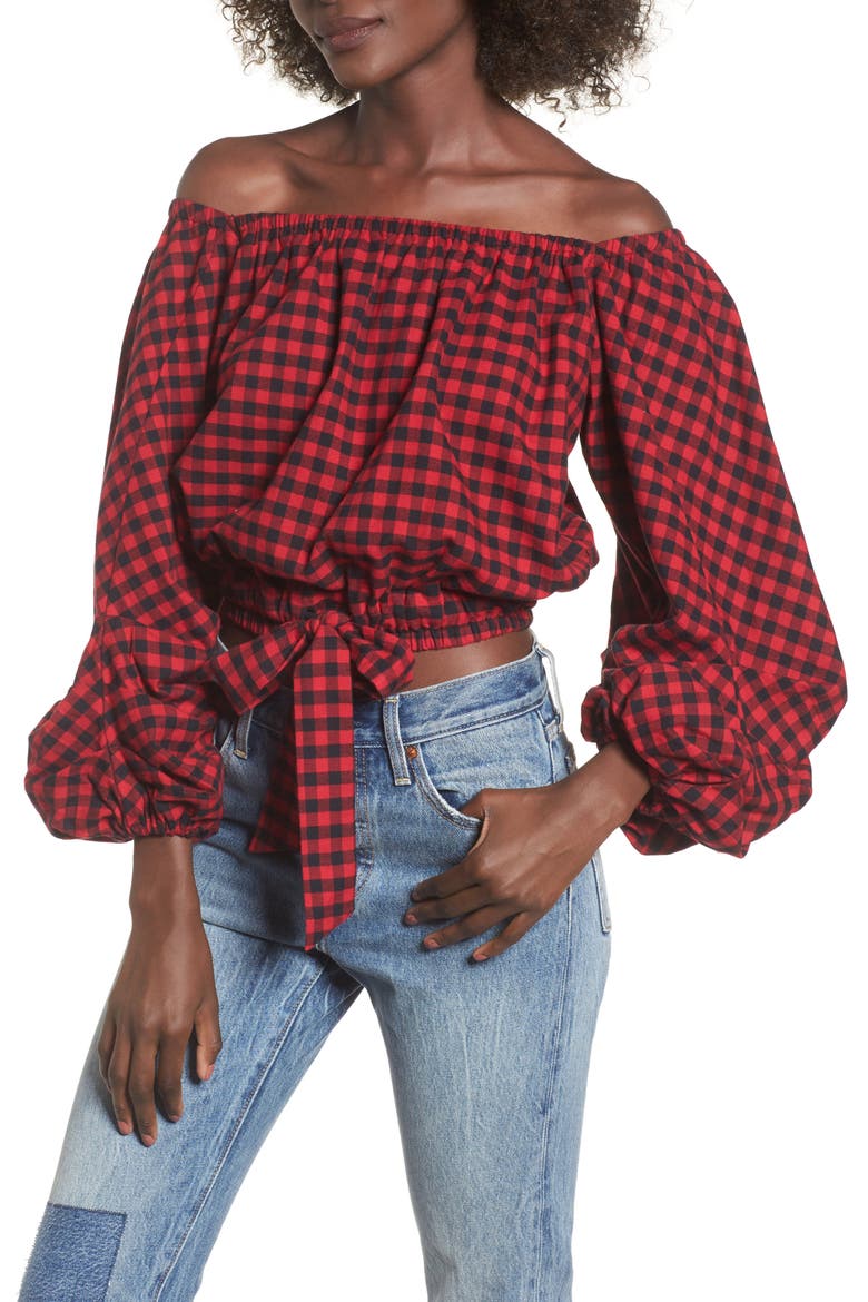 Plaid Off the Shoulder Crop Top, Main, color, RED/ BLACK