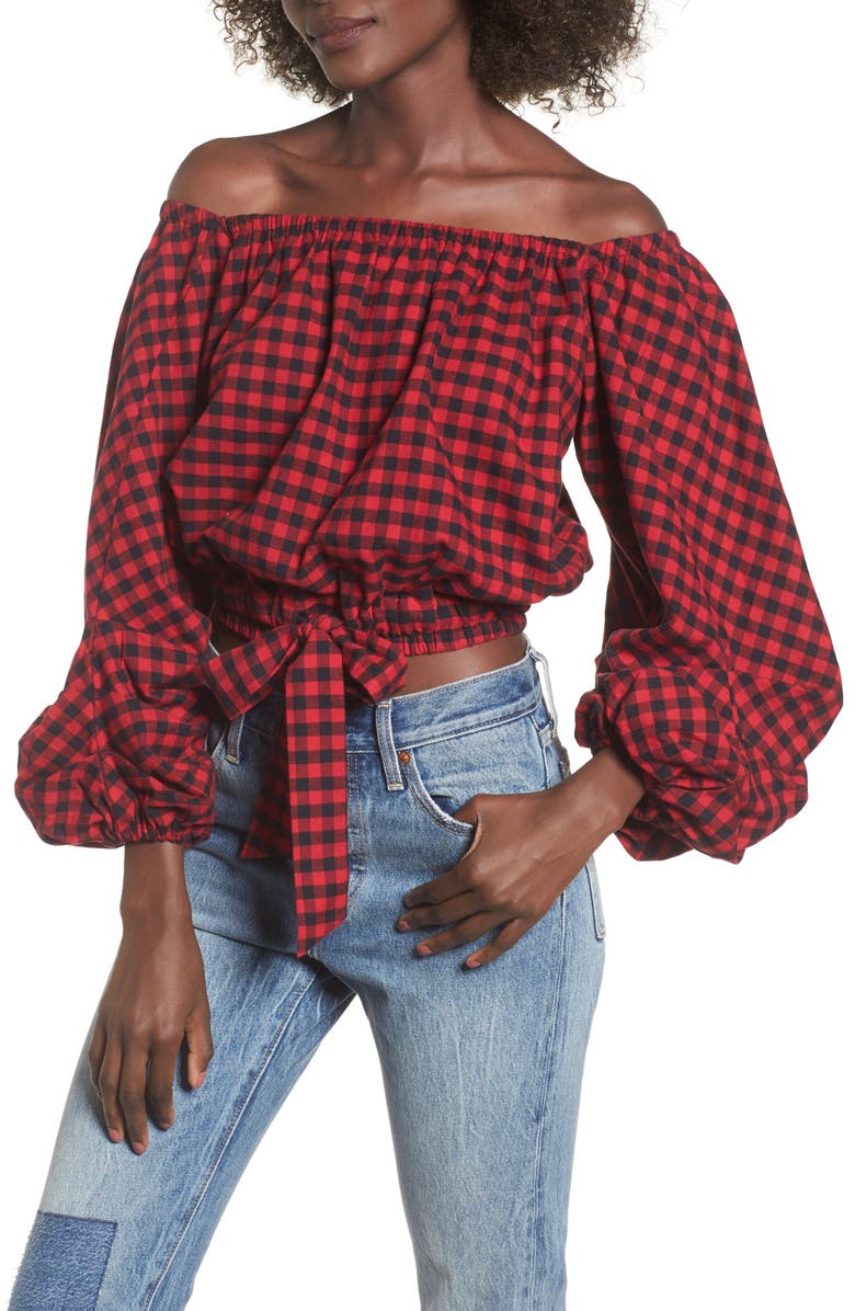 Chloe & Katie Plaid Off the Shoulder Crop Top, Main, color, 
