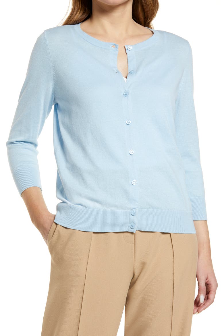 Crewneck Pima Cotton Blend Cardigan, Alternate, color, BLUE FALLS
