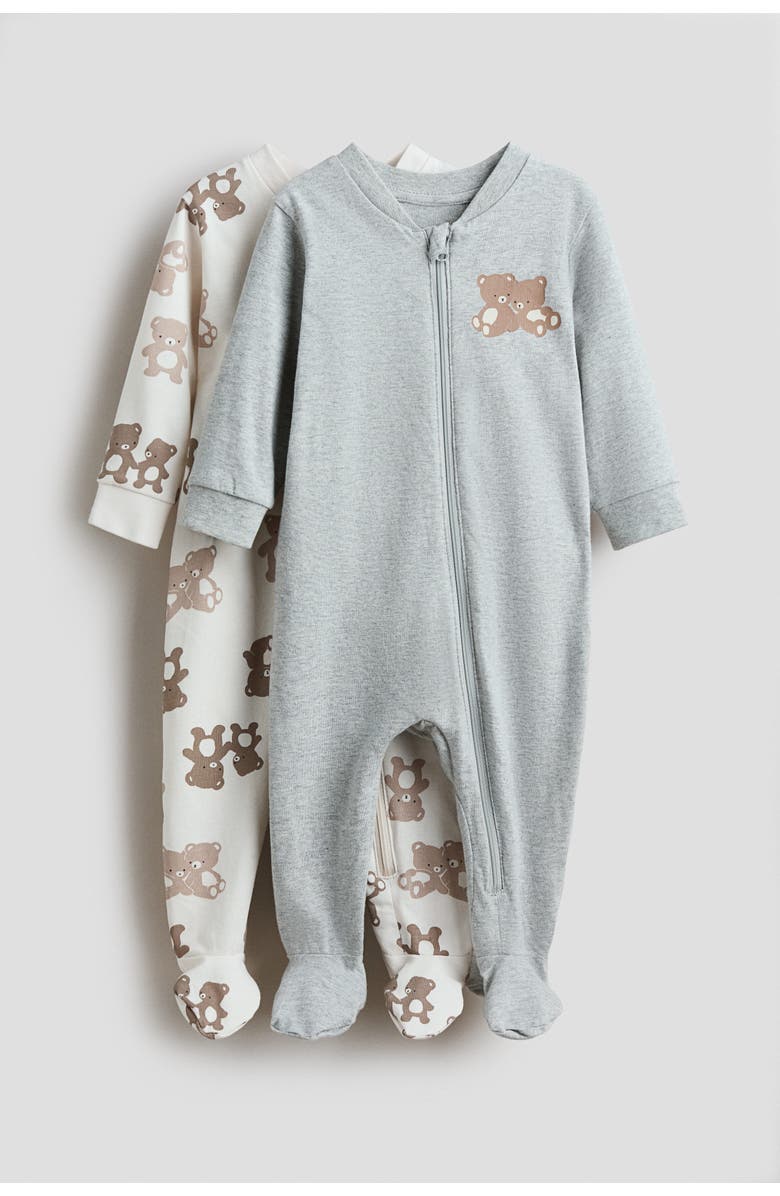 H&M 2-pack Zip-up Sleepsuits, Main, color, Light Gray/Teddy Bears