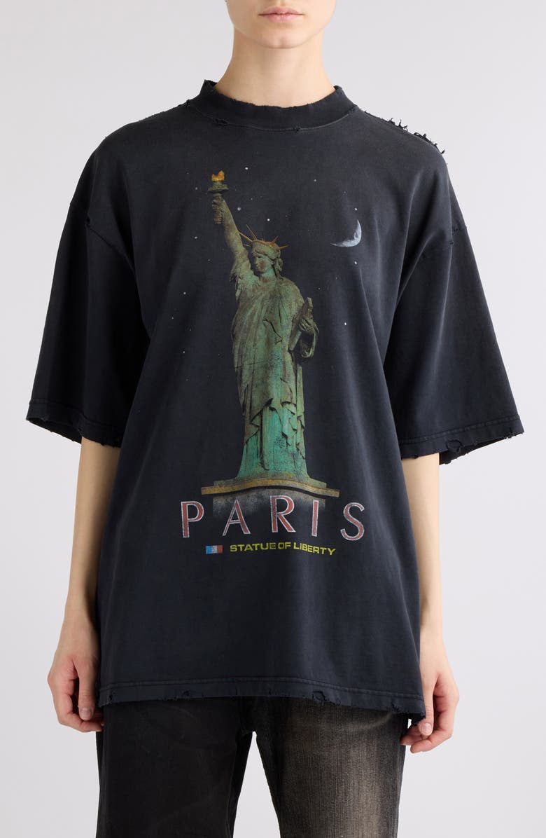 Balenciaga Paris Liberty Medium Fit Distressed Cotton Graphic T-Shirt, Main, color, Faded Black