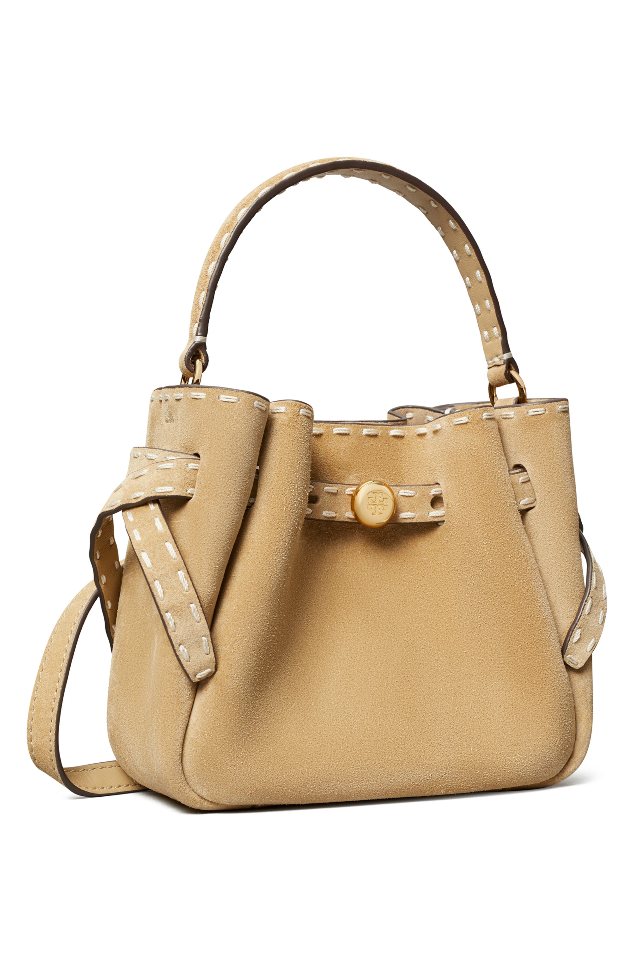 Tory Burch Mini Romy Suede Bucket Bag, Alternate, color, Butter