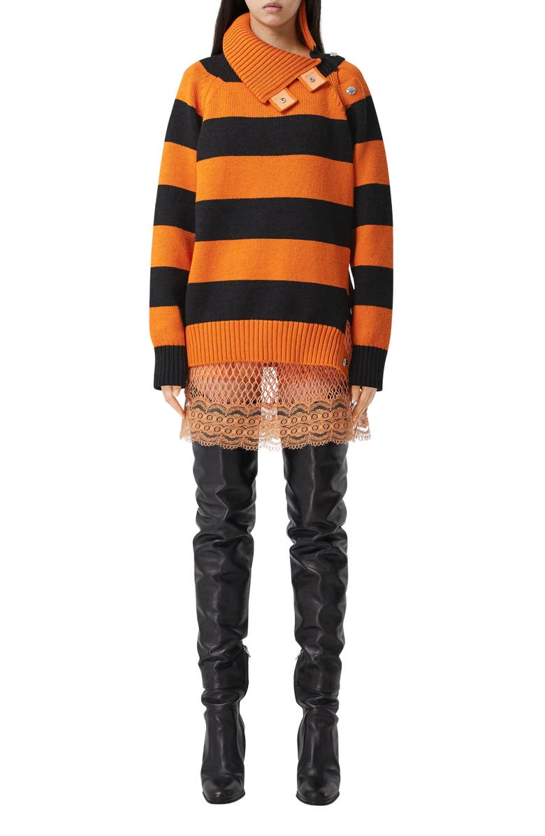 Burberry Stripe Snap Funnel Neck Sweater, Alternate, color,