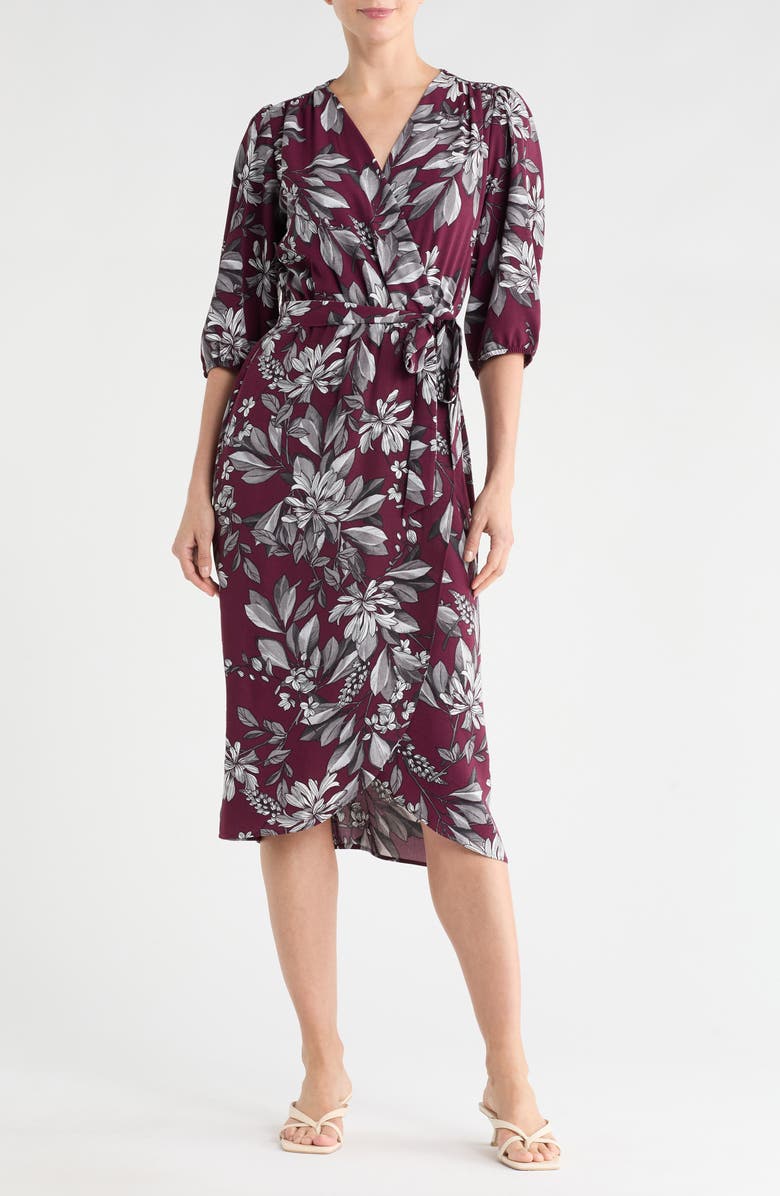 Connected Apparel Floral Wrap Midi Dress, Main, color, Bordeaux