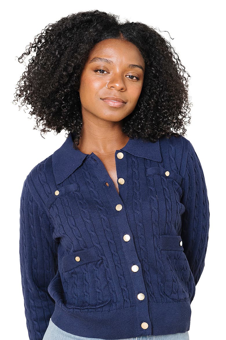 Organic Cable Knit Collared Cardigan Sweater, Alternate, color, Navy Cable