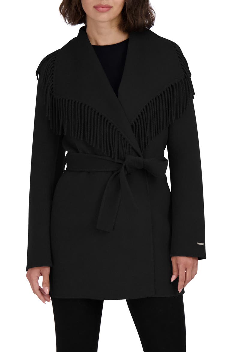 Frankie Fringe Collar Wool Blend Coat, Main, color, BLACK