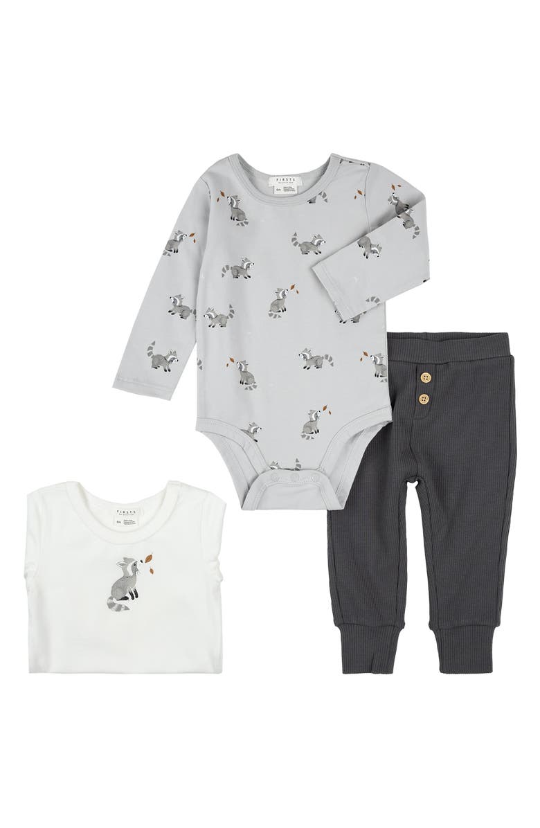FIRSTS by Petit Lem Raccoon 3-Piece Bodysuits & Rib Joggers Set, Main, color, Off White