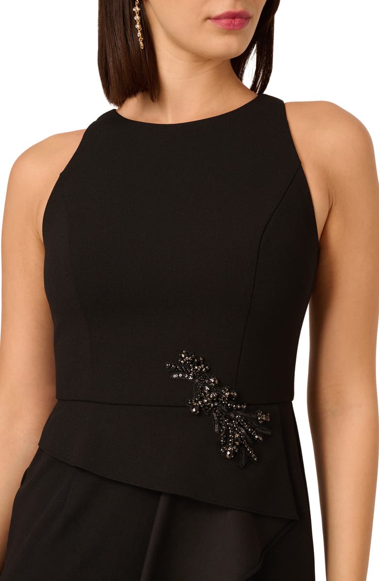 Adrianna Papell Beaded Appliqué Ruffle Crepe Gown, Alternate, color, Black