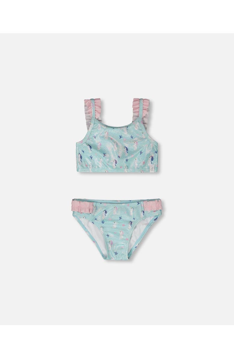 Deux par Deux Two-Piece Ruffle Seahorse Swimsuit, Main, color, Blue Seahorse Print