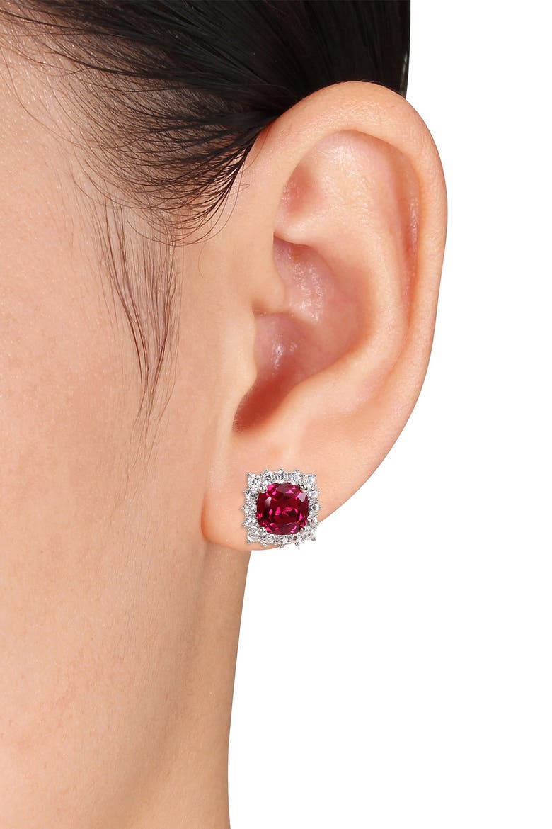 Sterling Silver Created White Sapphire Halo Cushion Created Ruby Earrings, Alternate, color, red