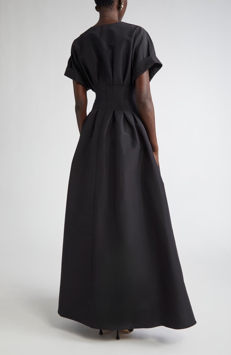 Carolina Herrera Cuffed Short Sleeve Button Front Silk Faille Gown, Alternate, color, Black