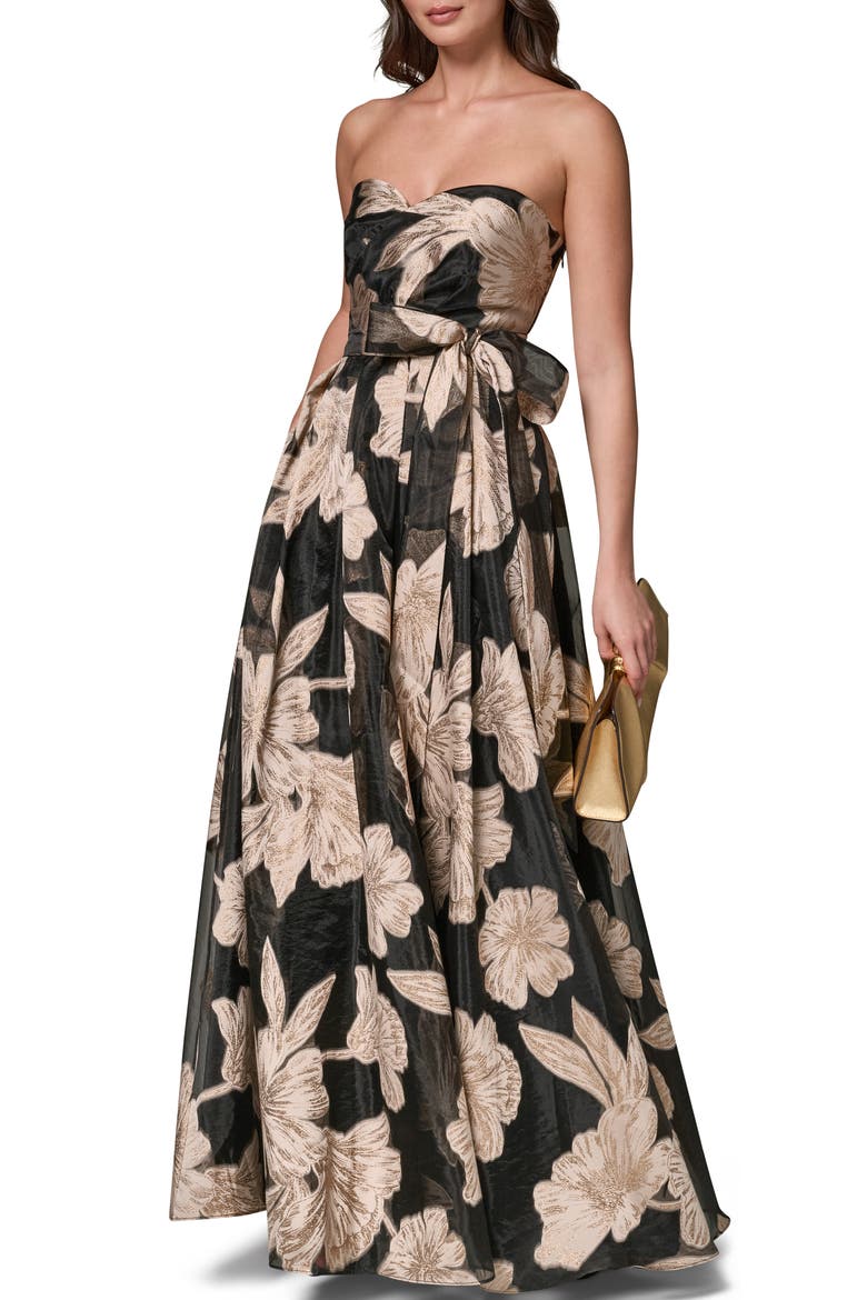 Strapless Floral Gown, Alternate, color, BLACK/ CANVAS MULTI
