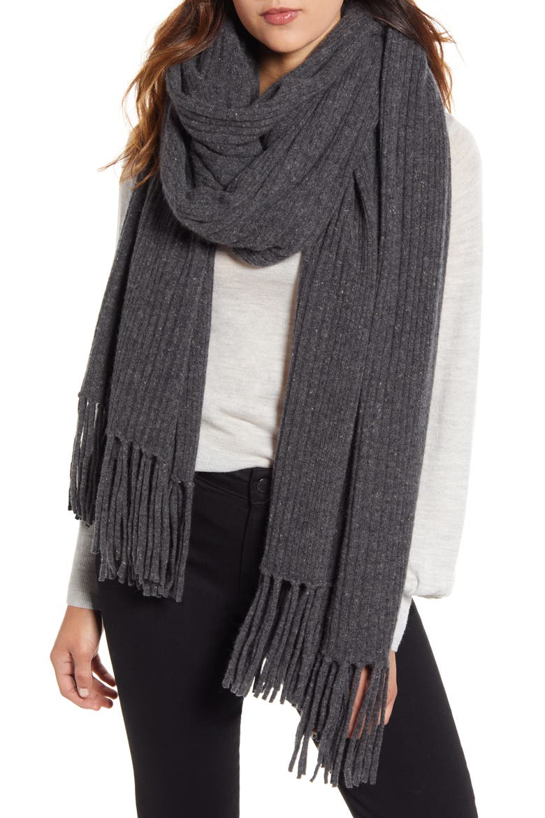 Rib Cashmere Fringe Wrap, Main, color, GREY CHARCOAL DONEGAL