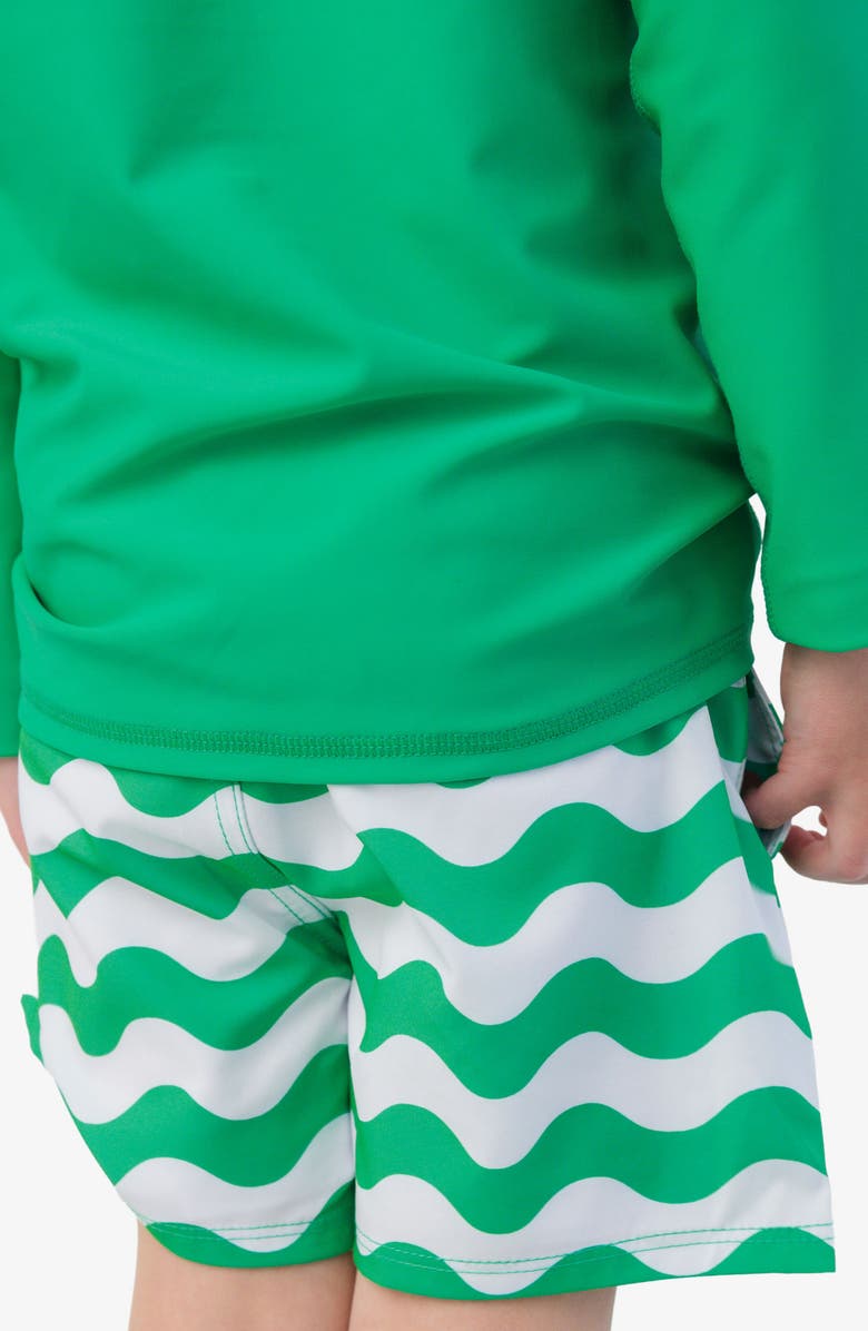 RuggedButts Kids' Wavy Stripe UPF 50+ Swim Trunks, Alternate, color, Green