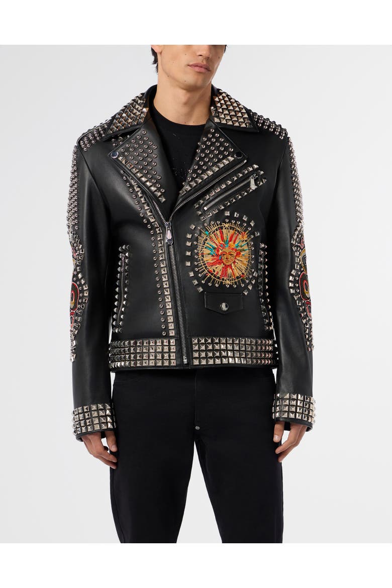 Vintage Leather Biker Jacket Studs &Amp; Patches Men, Main, color, black