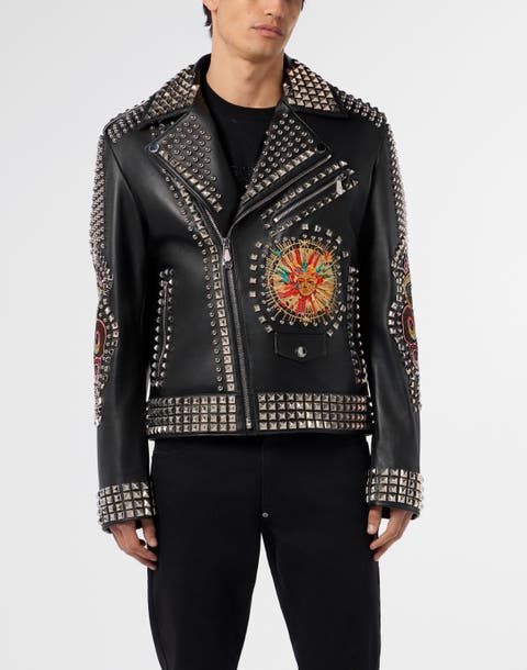 Vintage Leather Biker Jacket Studs &Amp; Patches Men