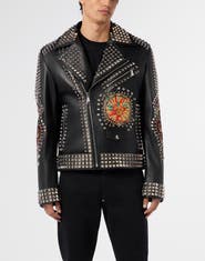 PHILIPP PLEIN Vintage Leather Biker Jacket Studs &Amp; Patches Men